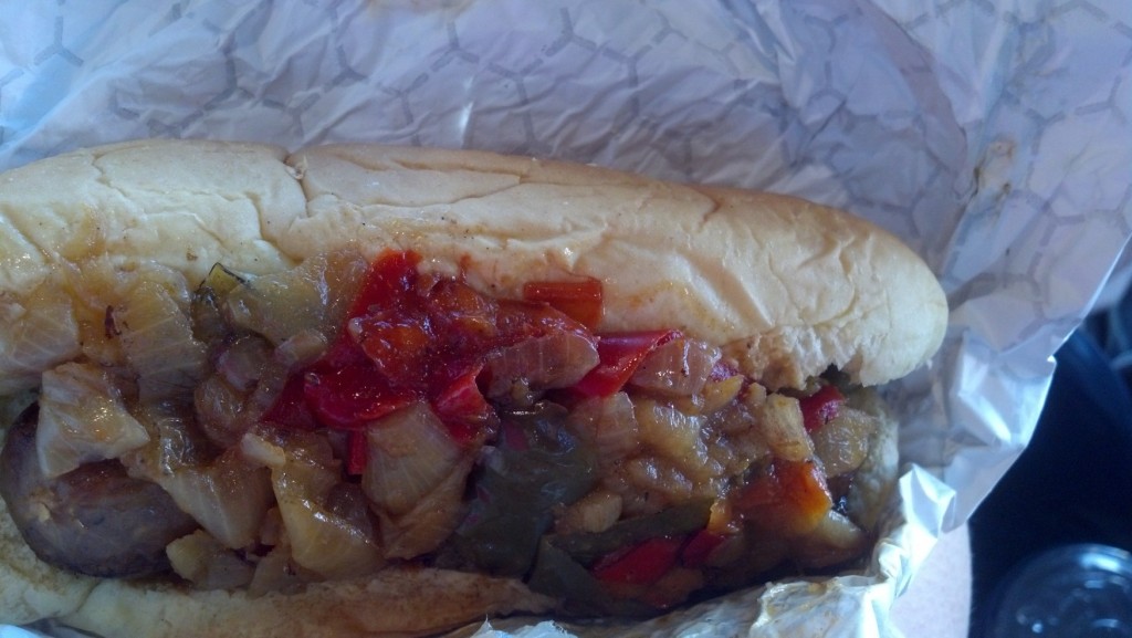 Ballpark food delivered to your seat--including a sausage with peppers and onions