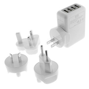 a white adapter with four plugs