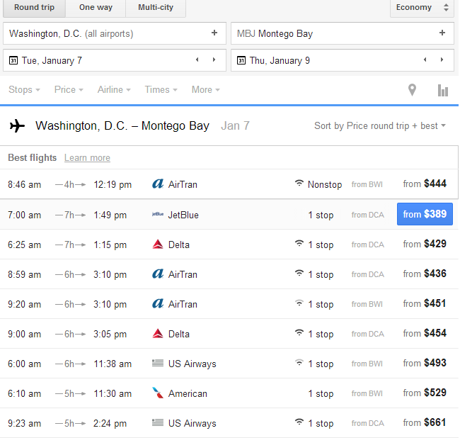 Google Flights MBJ Listing