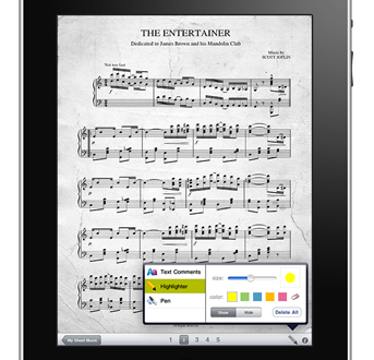 a tablet with a music book