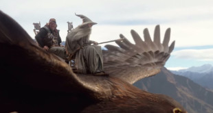 two men riding a bird