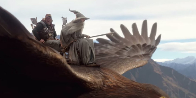 two men riding a bird
