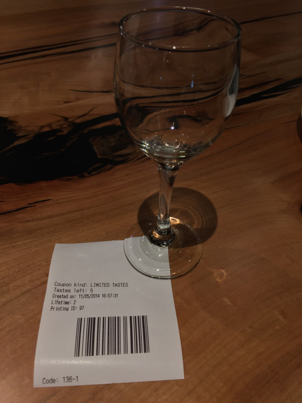 The magical barcode receipt that will enable you to sample wines.
