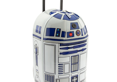 a blue and white suitcase