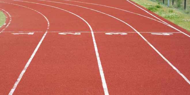 a running track with white lines