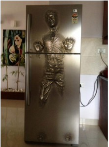 a silver refrigerator with a human figure on it