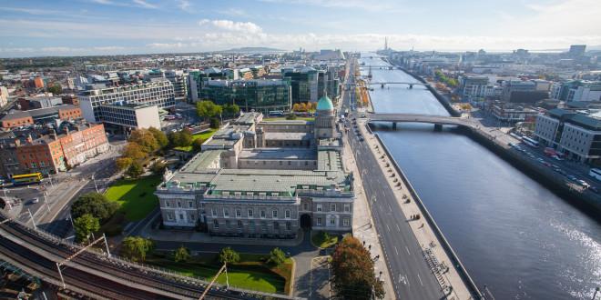a city with a river and a bridge