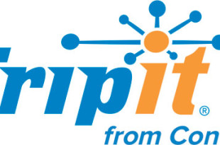 a logo with blue and orange text