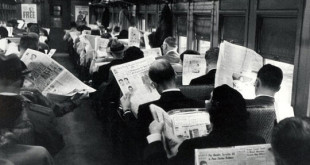 a group of people on a train reading newspapers