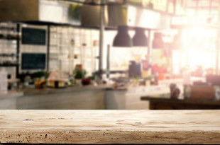 a wooden table in a kitchen