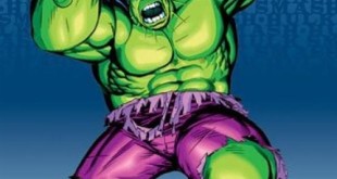 a green superhero with purple pants and purple pants