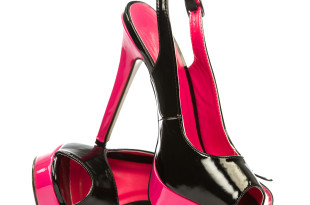 a pair of black and pink high heeled shoes