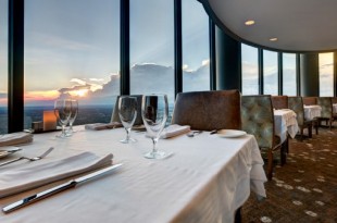 a table with wine glasses and a view of the city