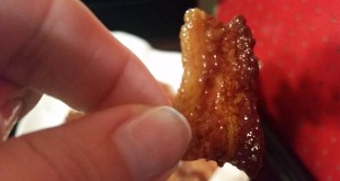 a hand holding a piece of bacon