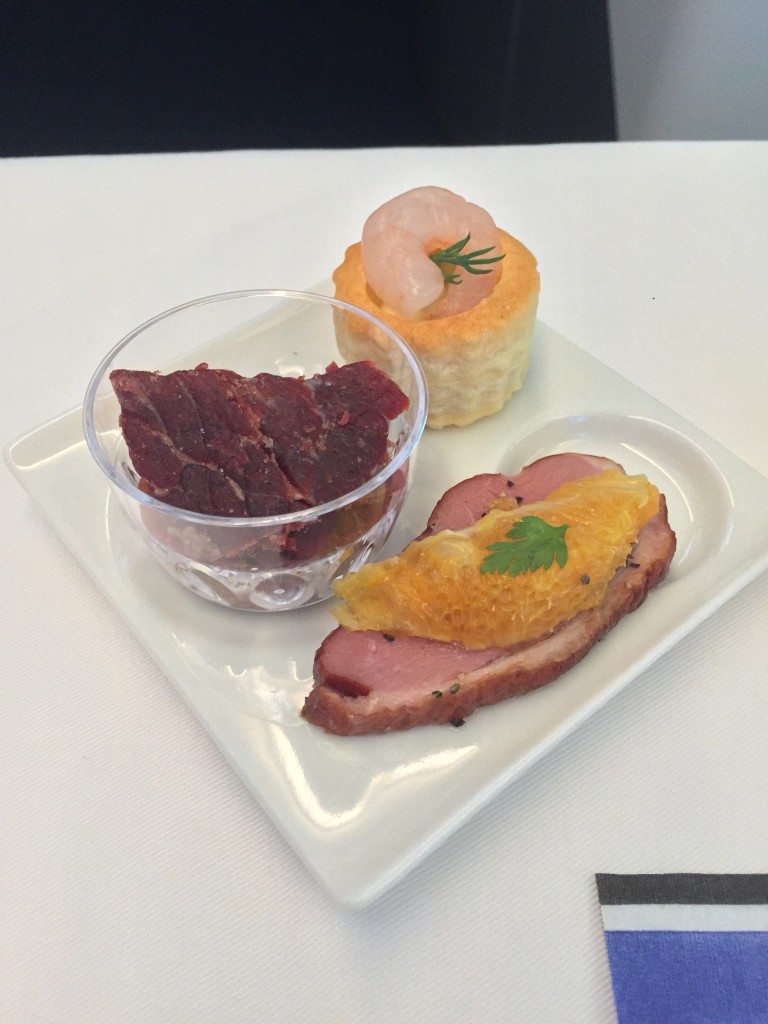 Roasted Almond & Beef Jerky, Shrimp Canape, Roasted Duck with Orange