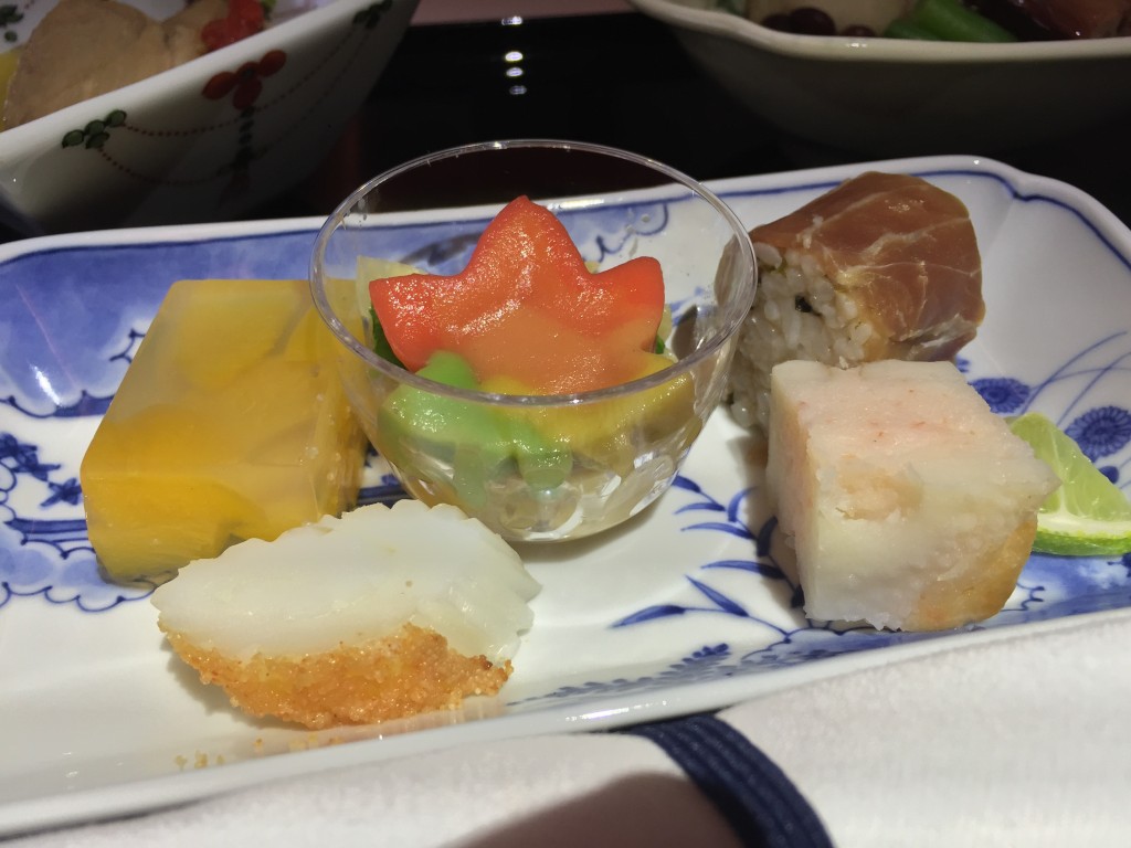 Aspic of yellow peach, dressed whelk & green onion with miso dressing, uncured ham sushi, deep fried prawn fishcake