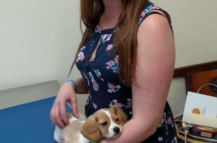 a woman holding a dog