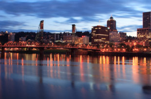 a bridge over a body of water with a city in the background