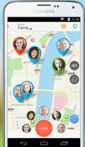 a cell phone with a map and a group of people's faces