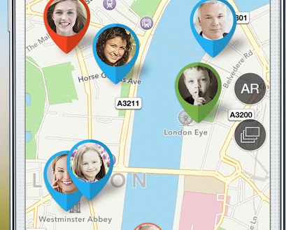 a cell phone with a map and a group of people's faces