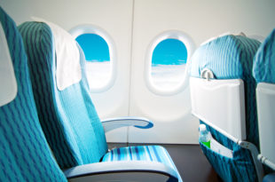 a blue and white airplane seats