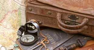 a compass and a suitcase with a map and knife