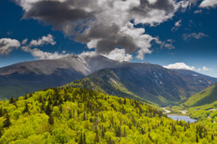 a mountain range with trees and a river