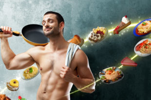 a man holding a towel and a pan with food on his shoulder