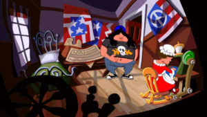 a cartoon of a man standing in a room with flags