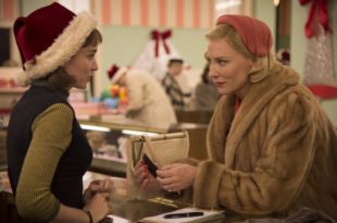 a woman in a fur coat and red hat looking at another woman in a purse