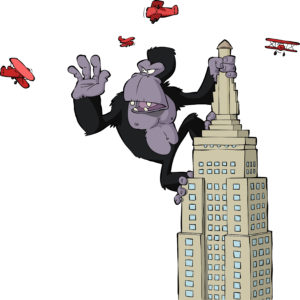 cartoon gorilla standing on a tall building