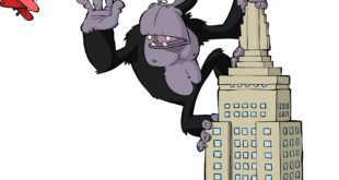 cartoon gorilla standing on a tall building
