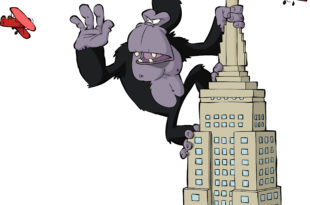 cartoon gorilla standing on a tall building