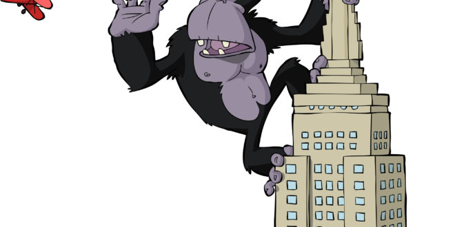 cartoon gorilla standing on a tall building