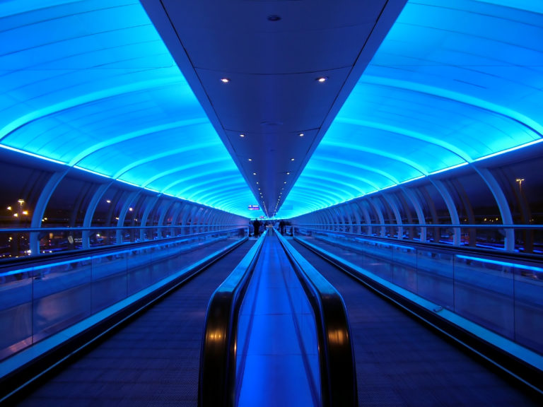 a blue lights on a walkway