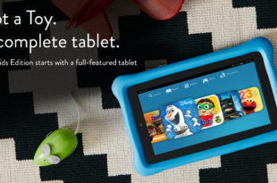 a tablet with a blue case and a black and white pattern