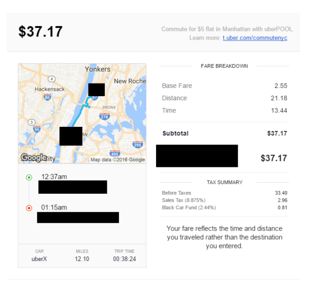 show contact information for uber receipts