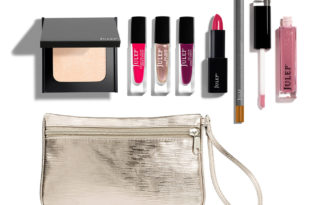 a makeup bag with different makeup items