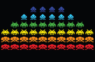 a rainbow colored pixelated aliens