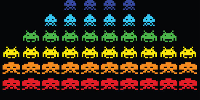 a rainbow colored pixelated aliens