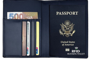 a wallet with a passport and credit cards