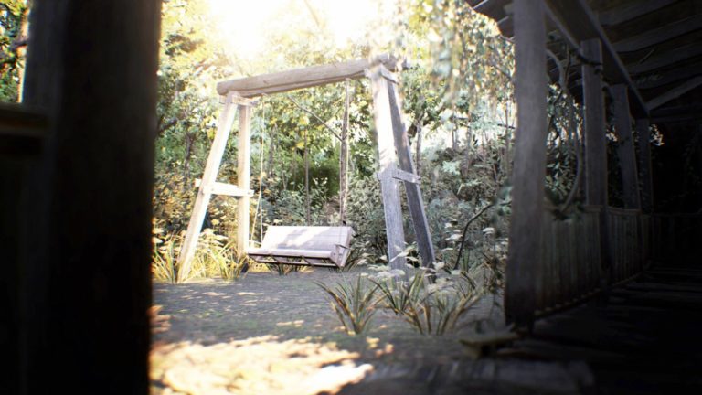 a wooden swing in a forest