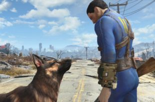 a video game screen capture of a man and a dog