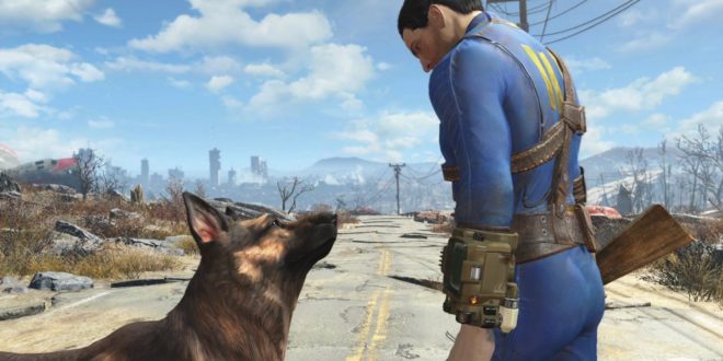 a video game screen capture of a man and a dog