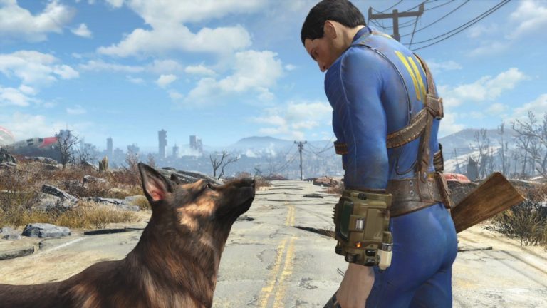 a video game screen capture of a man and a dog