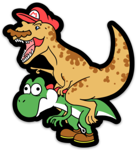 a cartoon dinosaur riding a green dinosaur