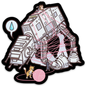 a cartoon of a robot with a cat and a ball of yarn